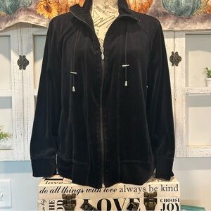Velvety Black Zip Up Sweatshirt Ribbed Collar and Hems Silver Hardware Size XLP